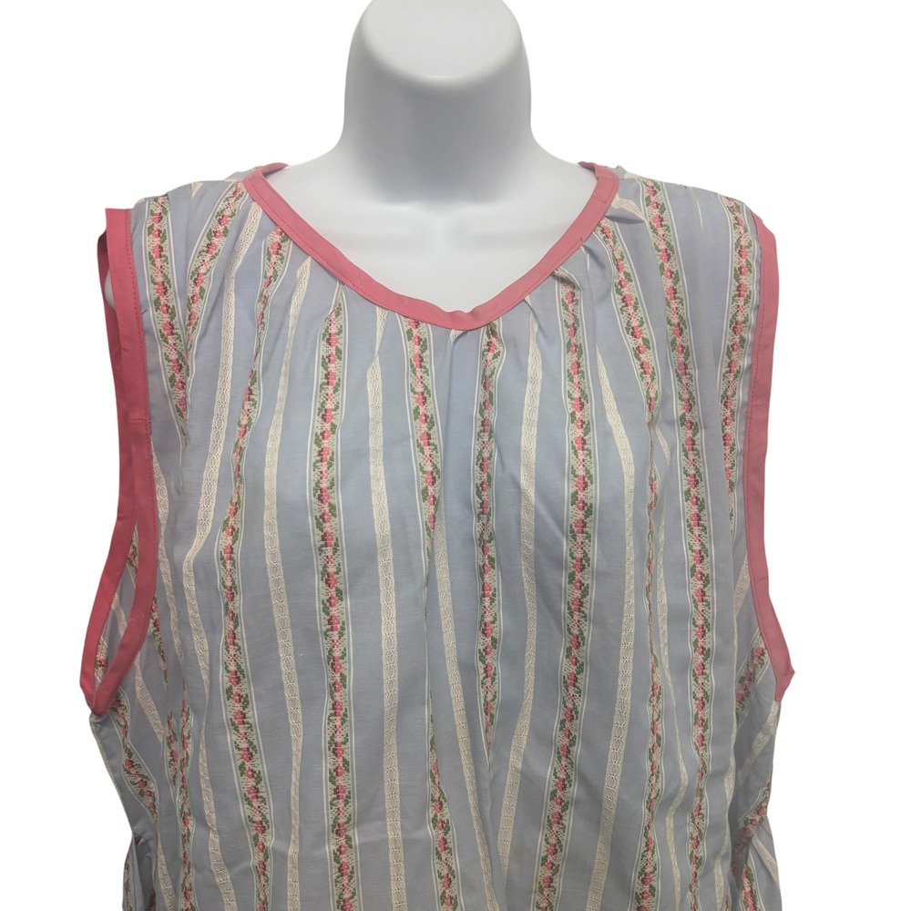 Vintage Blue Pink Floral Stripe Sleeveless Apron Dress Tie Back Pockets Retro - Picture 3 of 9